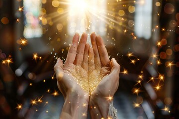 Wall Mural - hands together with palms up in a church with sparkles and ray of light. Horizontal composition