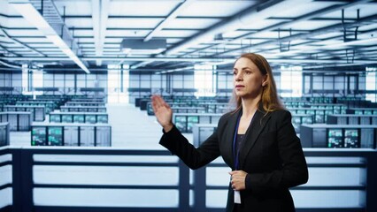 Poster - system administrator in high tech data center looking at hologram visualization. computer scientist 