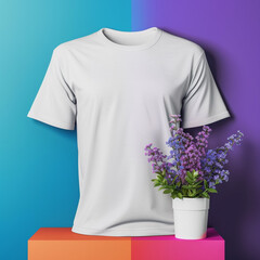 White realistic T shirt mockup design on colorful modern background