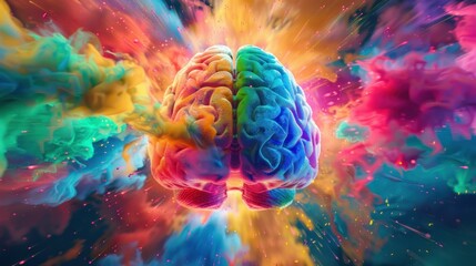 Vibrant explosion of colors from human brain depicting creativity wide angle lens