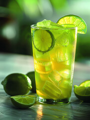 Wall Mural - A cold iced lime drink with lime slices and lime wedges visible.