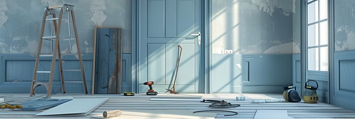 Poster - A photo of a room with an old door being replaced with a new door, capturing the professional installation process. Generative AI