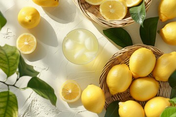 Wall Mural - Homemade lemonade on kitchen table with basket full of lemons. Top elevated view. Horizontal composition.