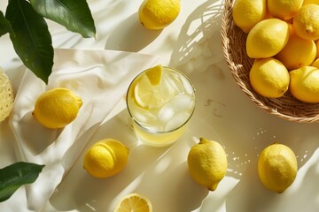 Wall Mural - Homemade lemonade on kitchen table with basket full of lemons. Top elevated view. Horizontal composition.