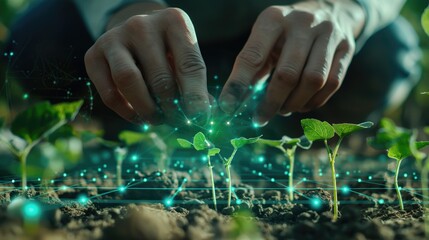 Digital Holographic Analysis of Plant Growth in a Field Background. Close-up of hands performing digital analysis on plants with holographic technology. Advanced agriculture and sustainable farming.