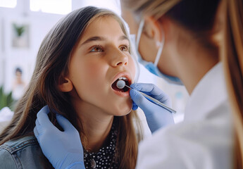 Sticker - Young female doctor examining girl's mouth in clinic