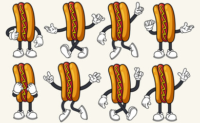 Set of 70s 80s groovy hotdog cartoon character vector. Collection of retro cartoon character. Mascot groovy cartoon vector illustration.