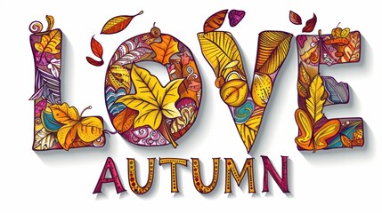 Wall Mural - The word love is made up of autumn leaves