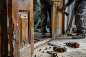 Poster - Workers install a new door, carefully replacing the old one with modern construction techniques. Generative AI