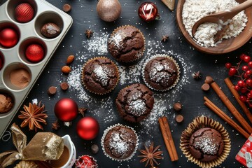 Wall Mural - Making homemade chocolate muffins for Christmas parties on black table with lemos and kitchen items and scattered flour. Horizontal composition. Top view.