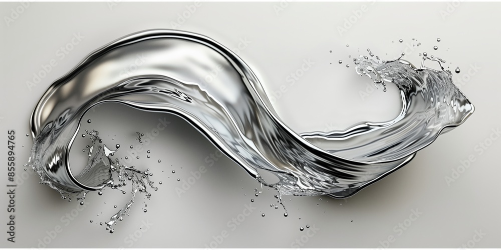 Abstract, sleek silver metallic liquid flowing in the shape of a wave ...