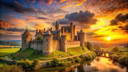 Wall Mural - Sunset sky casting a warm glow over a medieval castle , castle, silhouette, dusk, evening, sun rays, historical