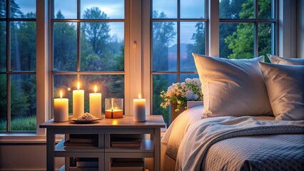 Wall Mural - Intimate bedroom setting with glowing candles on nightstand and large window with glass panes, intimate, bedroom