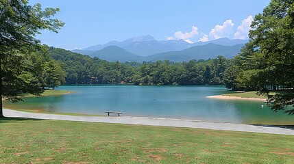 Poster -   A picture of a serene lake featuring a bench upfront and majestic mountains behind it, all framed by fluffy clouds in the sky