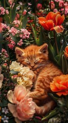 Wall Mural - A kitten is sleeping in a bed of flowers