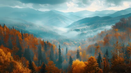 Sticker - Majestic Autumn Landscape in Mountain Range with Colorful Foliage and Misty Valleys