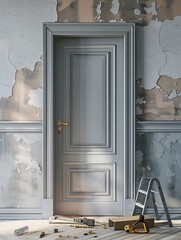 Poster - A new door is being installed, with the old door partially visible and tools scattered around. The image captures the professionalism and care in the installation process. Generative AI