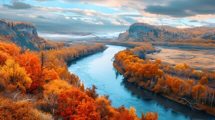 Canvas Print - Colorful Autumn Landscape with River Winding Through Scenic Valley