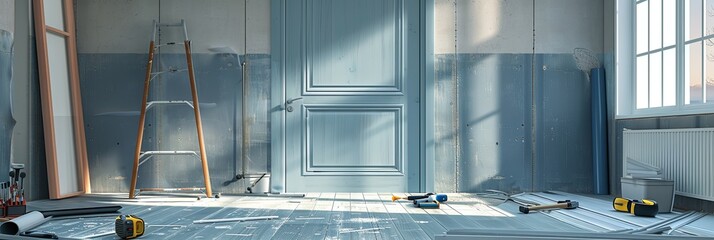 Poster - A close-up view of a freshly installed door, with tools and materials scattered around, showcasing the meticulous work of professionals during a renovation project. Generative AI