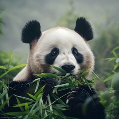 Sticker - Adorable Panda Bear Munching on Bamboo in Lush Green Forest Environment