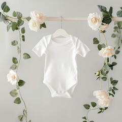 blank white baby bodysuit mockup hanging from a rack, all 8k photo quality, with flowers 