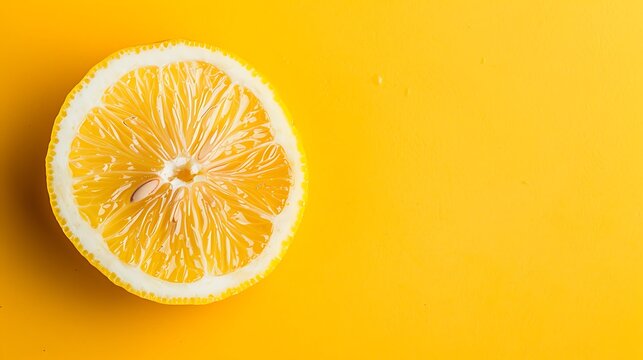 A fresh slice of lemon on a yellow background with space for text or inscriptions, capturing the zesty and refreshing essence of this citrus fruit.
