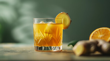 Wall Mural - A ginger and orange cocktail in a glass with ice and ginger garnish.