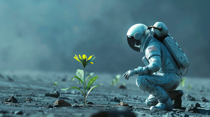 An astronaut is kneeling down looking at a solitary flower growing up out of the desolate ground.