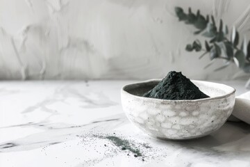 minimal still life with spirulina powder, white kitchen. food supplement. vitamin and mineral form seaweed.