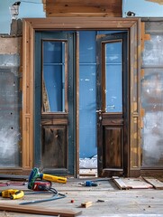 Poster - Workers installing a new door, with old and new doors visible, and tools like a drill and screws scattered around. Generative AI