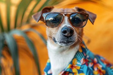 Wall Mural -  cute fashionable Jack Russell dog wearing sunglasses and a Hawaiian shirt, standing against a bright background. Vacation concept. 