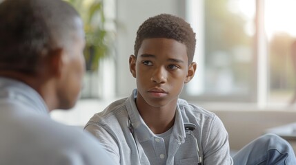 Serious important conversation between multiracial father and teenager son in living room at home. Generative ai