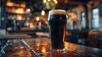 A pint of dark stout beer on a wooden table in a cozy pub.