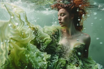 woman in algae dress underwater creative high quality fashion photo to illustrate topic of importance of algae in modern world 