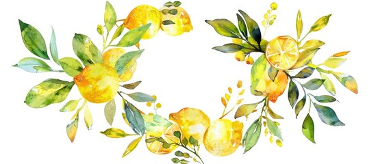 Wall Mural - watercolor lemon wreath isolated on white background. copy space image. place for adding text and de