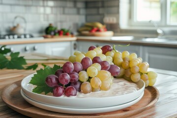 Wall Mural - Organic liquid grape yogurt on white plate with bunches of white and red grapes in try on wooden table with kitchen background. Front view.