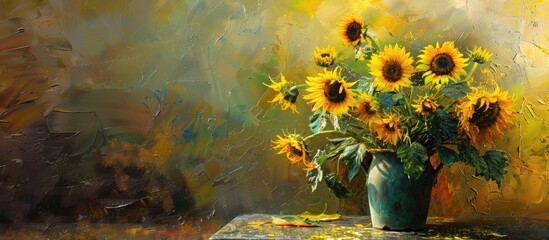 Wall Mural - Sunflowers in a pot on the table, in a vase. Copy space image. Place for adding text and design
