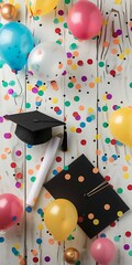 Wall Mural - A graduation cap and diploma on a wooden background with confetti and balloons, symbolizing celebration and academic achievement. Perfect for highlighting graduation events 