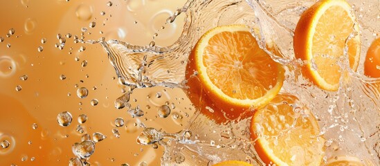 Wall Mural - Creative layout made from Fresh Sliced oranges and Orange fruit and water Splashing on a orange background. Copy space image. Place for adding text and design