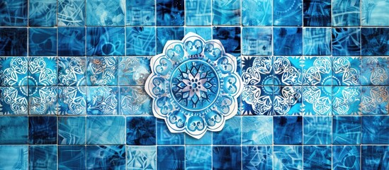 Blue ceramic tile wall texture with ornament, kaleidoscope and mandala design concept background are used for business, wallpaper, invitation, template, product decoration and others
