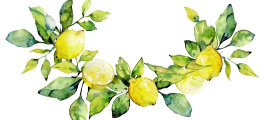 Wall Mural - watercolor lemon wreath isolated on white background. copy space image. place for adding text and de