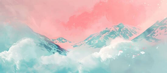 Wall Mural - Clouds covering snowy mountain peaks pastel background. Copy space image. Place for adding text and design
