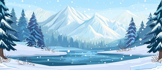 Wall Mural - Winter mountain river in snow landscape. Snow landscape on winter mountain. Copy space image. Place for adding text or design