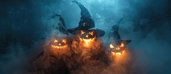 Three creepy Halloween grinning pumpkins glow in the dark among the fog. jack-o-lantern in a witch hat on a black background in smoke. Copy space image. Place for adding text and design