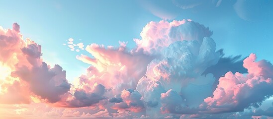 Clear blue sky. glowing pink and golden cirrus and cumulus clouds after storm, soft sunlight. Dramatic sunset cloudscape
