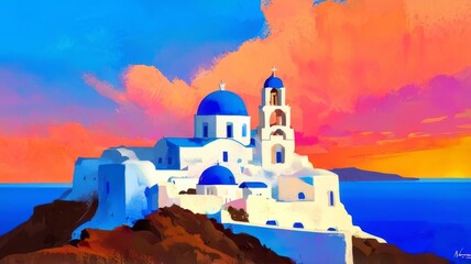 Wall Mural - The iconic whitewashed buildings with blue domes Abstract impressionism painting