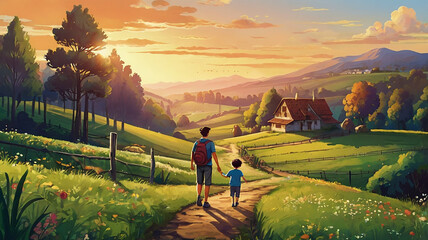 illustration of little boy and father walking in beautiful countryside