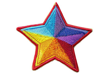 a vibrant, colorful embroidered star patch with red border, perfect for decoration, fashion, or craf