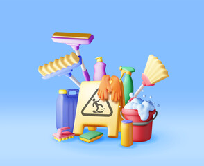 Leinwandbilder - 3D set of home cleaning tools isolated. Render collection of accessories for washing dishes and house cleaning. Bottle of detergent, sponge, soap gloves. Bucket, mop broom dustpan. Vector illustration