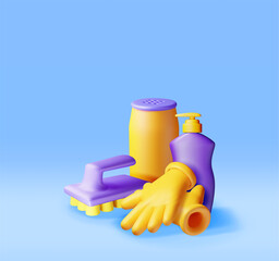 Leinwandbilder - 3D bottle of detergent, sponge and rubber gloves isolated. Render accessories for washing dishes and house cleaning, dishwashing. Cleaning service concept. Vector illustration